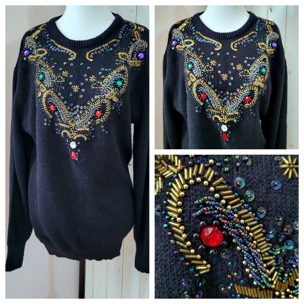 80's BEADED SEQUINED SWEATER black